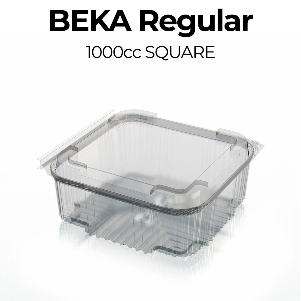 Clear square storage container with 'Beka Regular' text on a white background