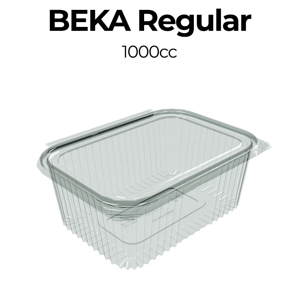 Clear plastic container with lid labeled 'Beka Regular 1000cc' on a white background