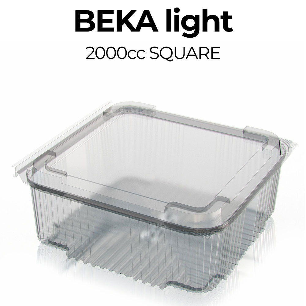 Clear plastic container with lid labeled 'Beka light 2000cc SQUARE' on a white background