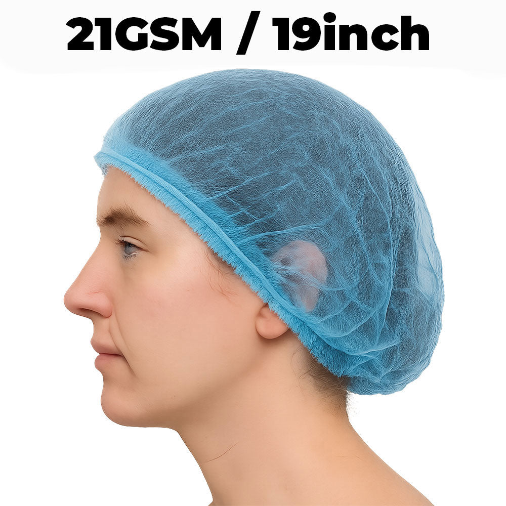 Person wearing a blue hairnet with '21GSM / 19inch' text on a white background