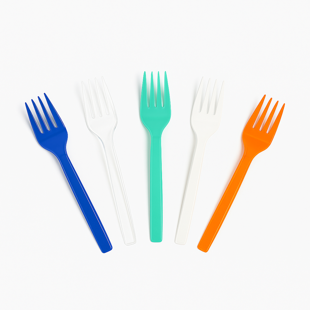 disposable multicolor plastic forks on a white background