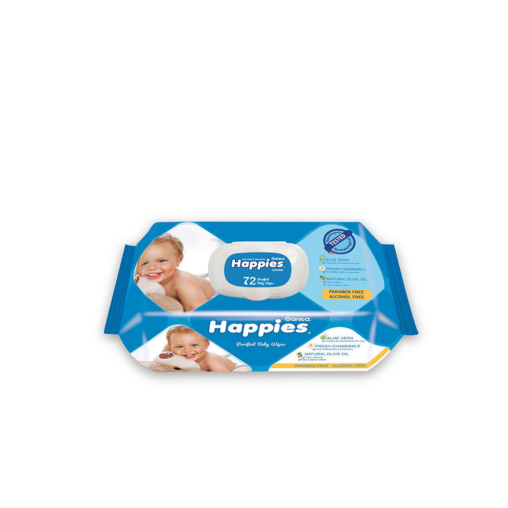 Package of Huggies Happies baby wipes on a white background
