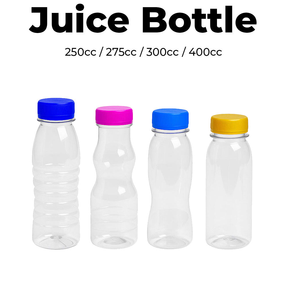 Four clear juice bottles with colored lids on a white background