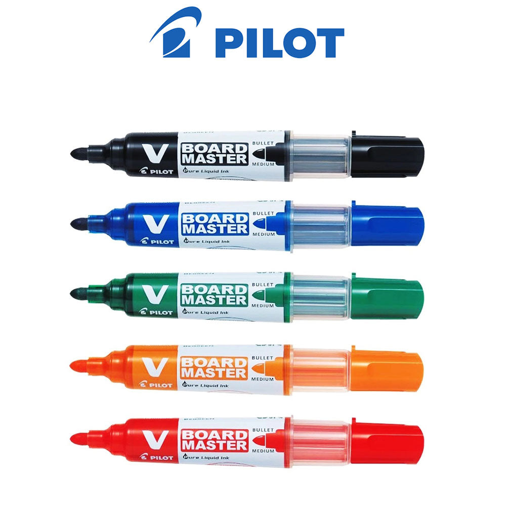 Set of Pilot Board Master markers in different colors on a white background with Pilot logo.