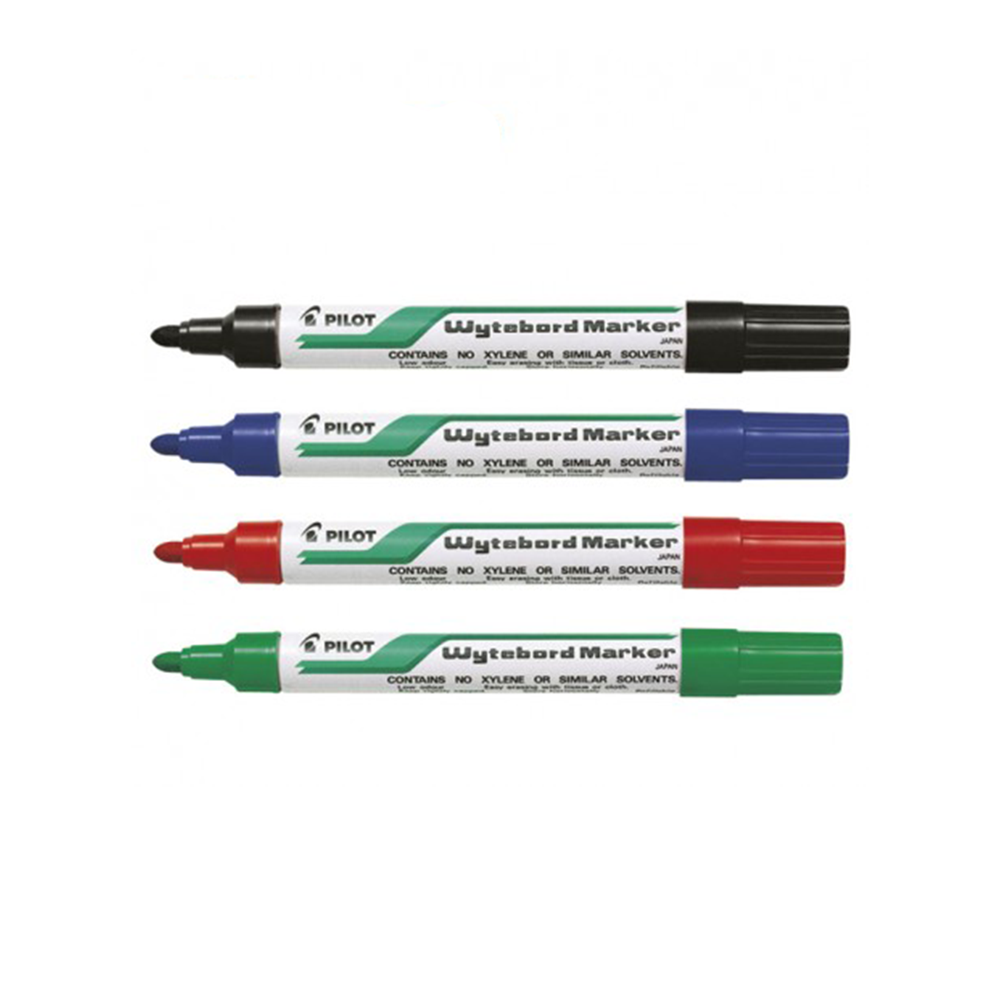 Four Pilot whiteboard markers in black, blue, red, and green on a white background.