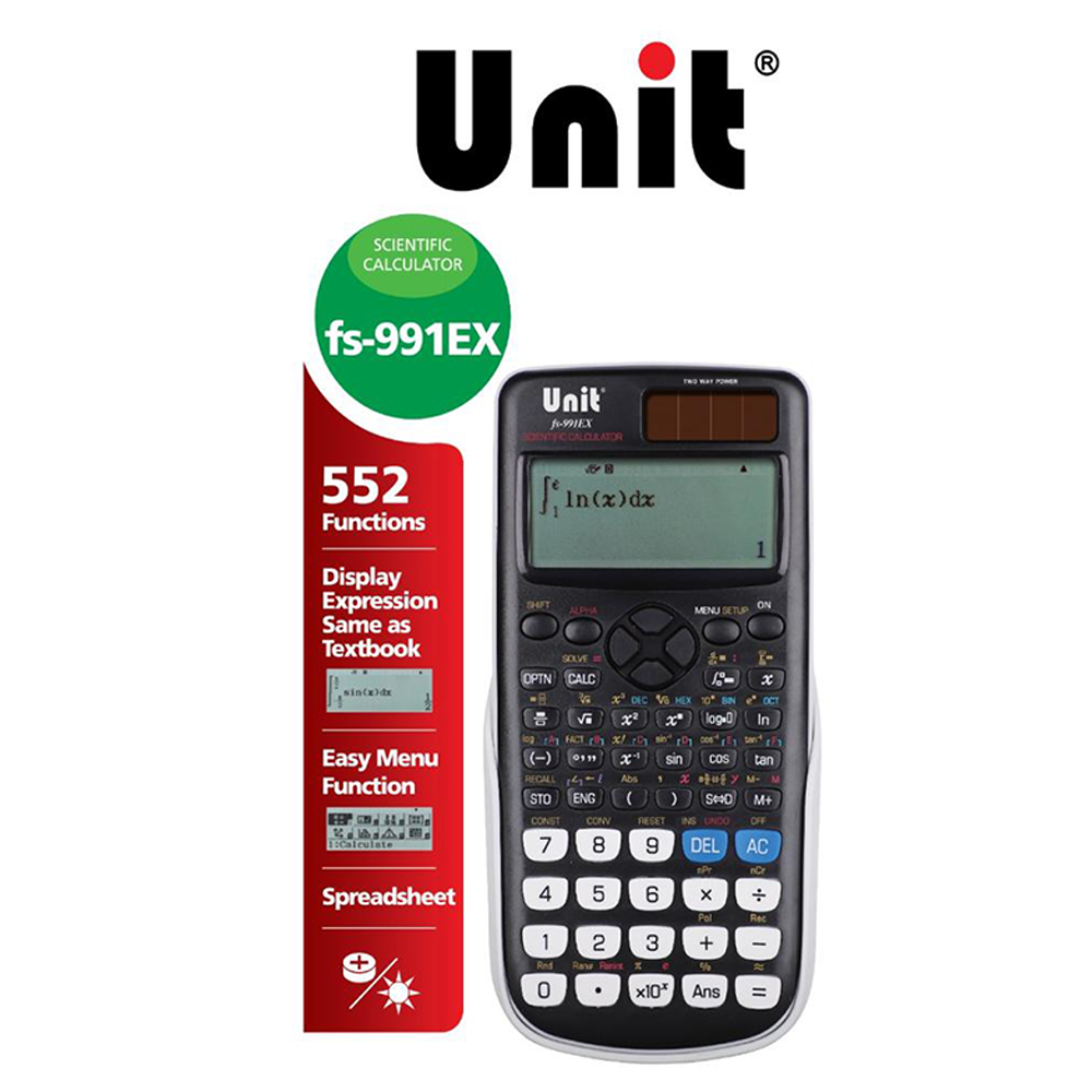 Unit scientific calculator with packaging on a white background