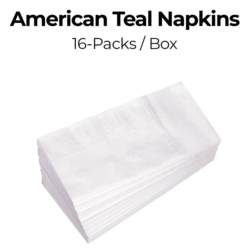 Stack of white napkins with text 'American Teal Napkins 16-Packs/Box' on a white background