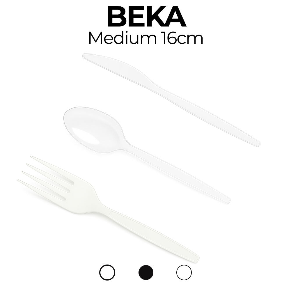 White plastic cutlery set with 'Beka' branding on a white background