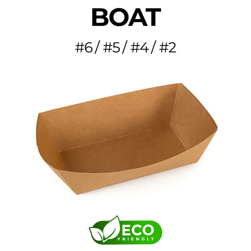 Brown paper boat with eco-friendly label on a white background