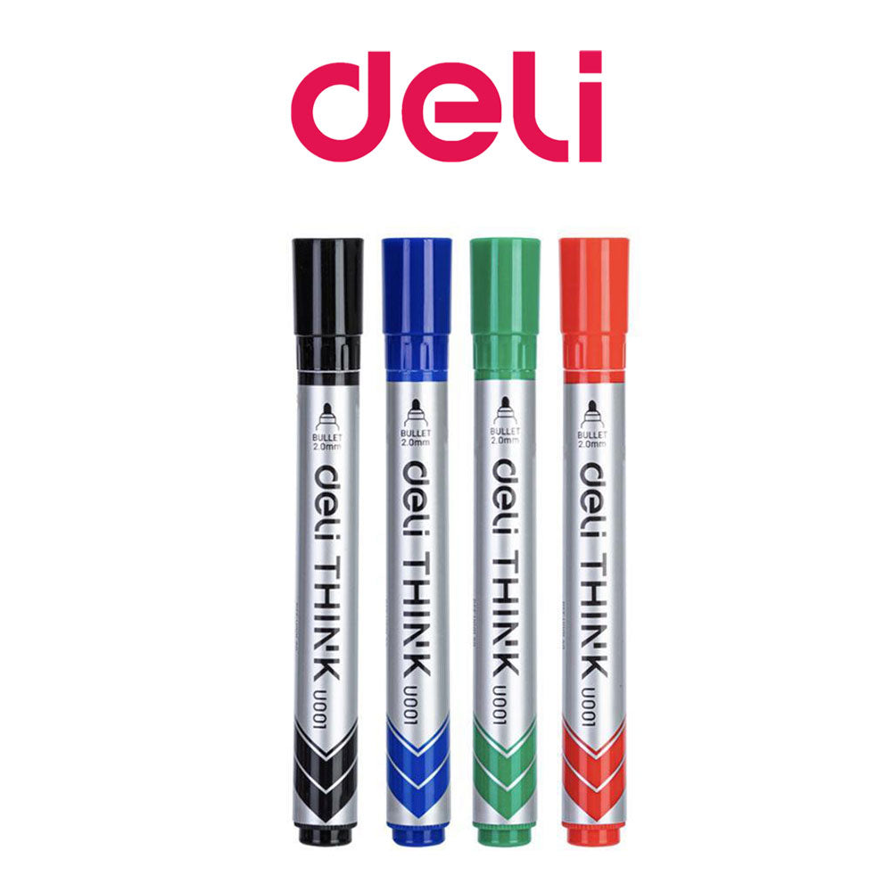 Four markers in black, blue, green, and red with 'deli' branding on a white background.