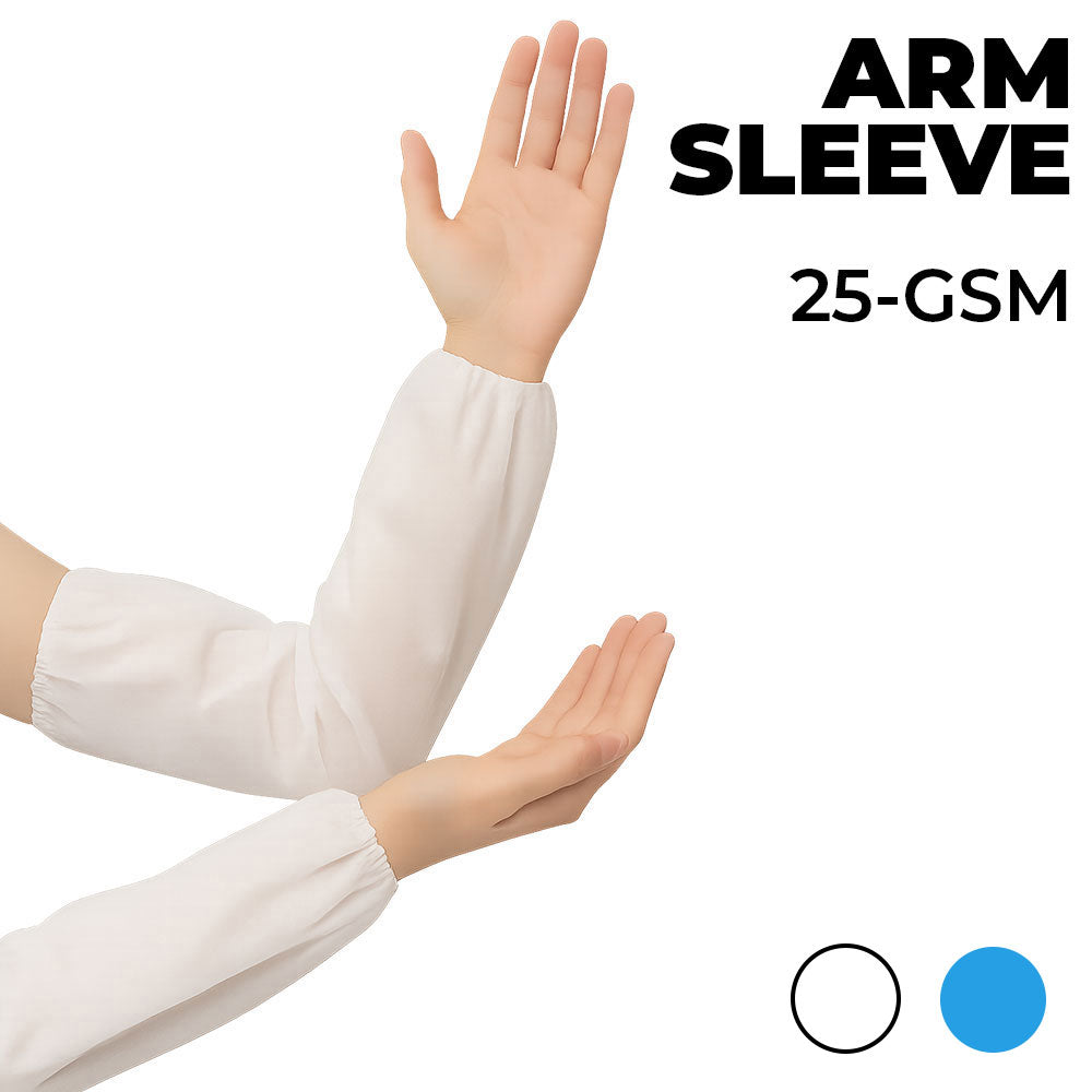 White arm sleeves with text indicating 'ARM SLEEVES' and '25-GSM' on a white background.
