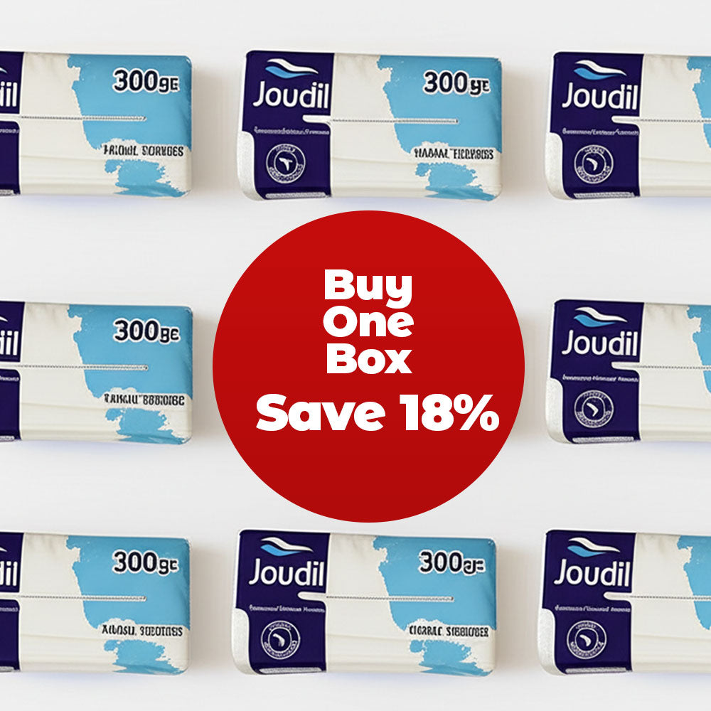 Joudil boxes with a promotional message on a white background