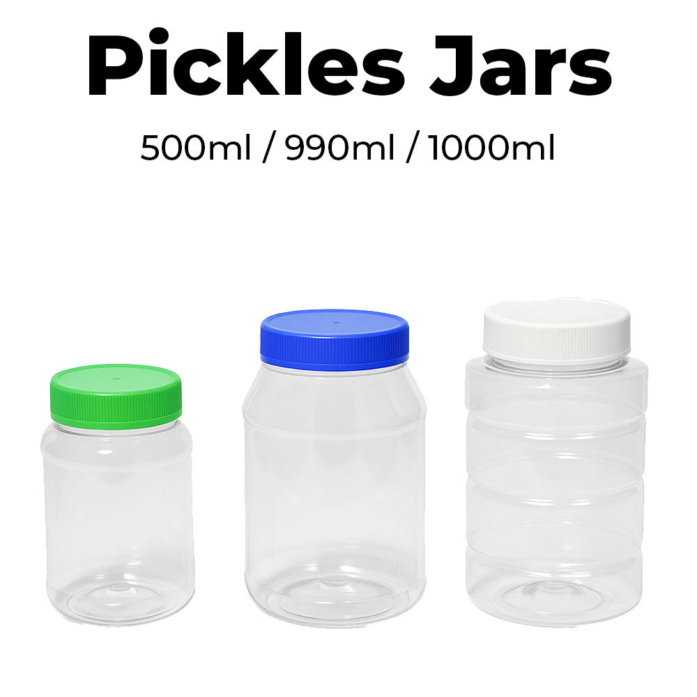 Three clear jars with green, blue, and white lids on a white background.