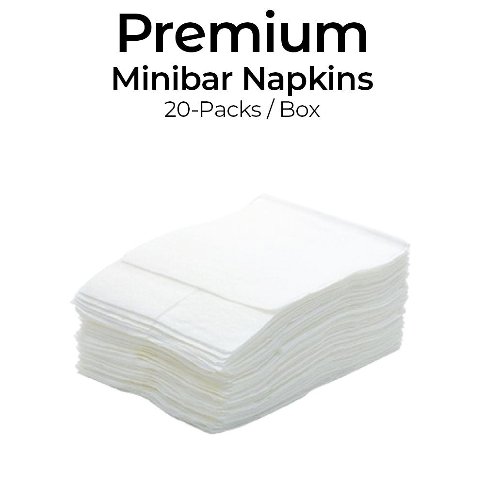 Stack of white minibar napkins with text indicating 'Premium Minibar Napkins' and '20-Packs/Box' on a white background.
