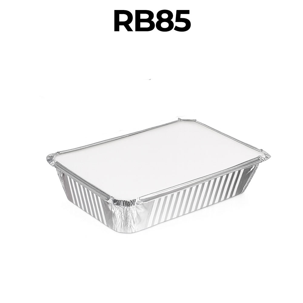Rectangular aluminum food container with a clear lid on a white background, labeled RB85.