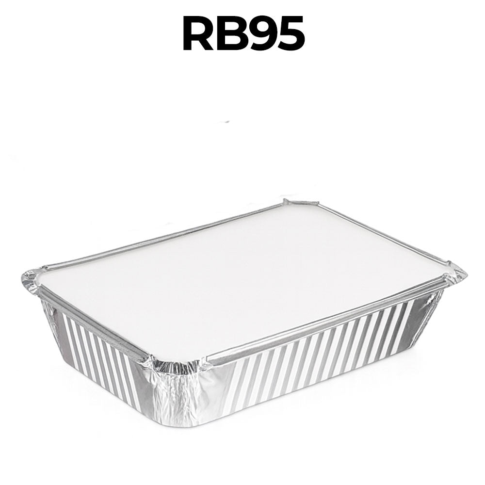 Rectangular aluminum food container with a clear lid on a white background, labeled RB95.
