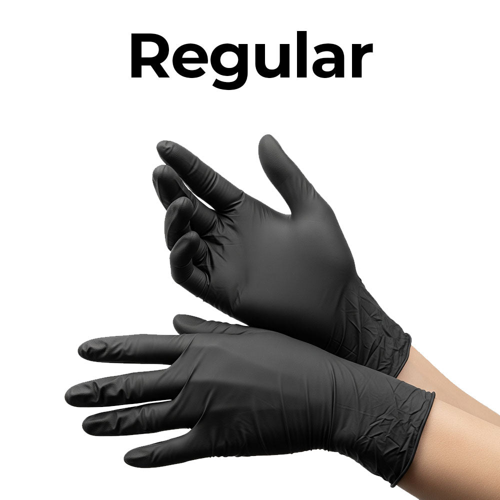 Black gloves on a white background with 'Regular' text above.