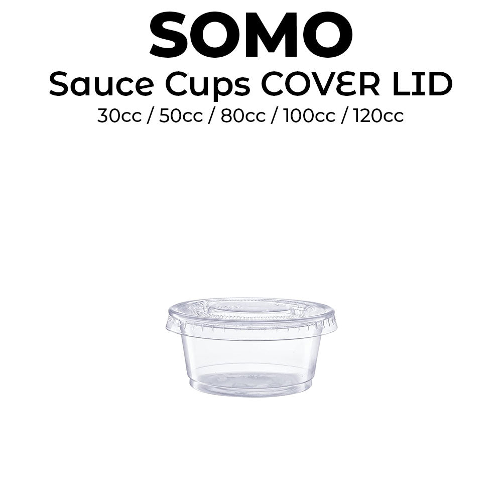 Clear sauce cup with lid on a white background, featuring the brand 'SOMO'.