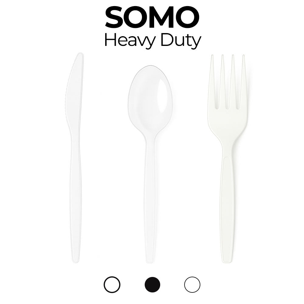 Heavy-duty plastic cutlery set with 'SOMO' branding on a white background