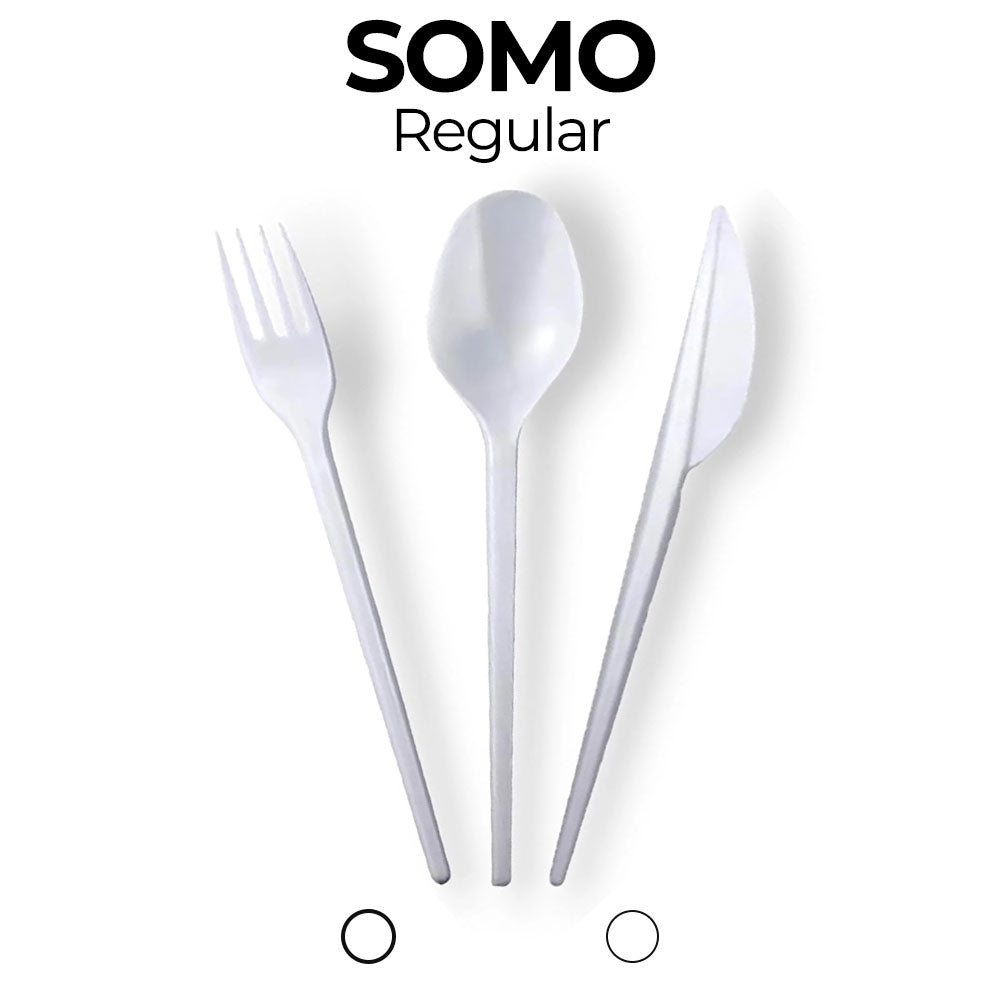 White plastic fork, spoon, and knife set on a white background with 'SOMO' branding.