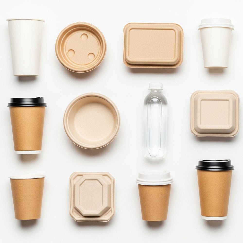 disposable cups, bottle and container on a white background