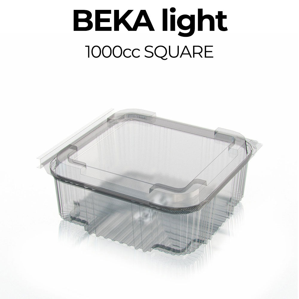Clear square container with 'Beka light' branding on a white background