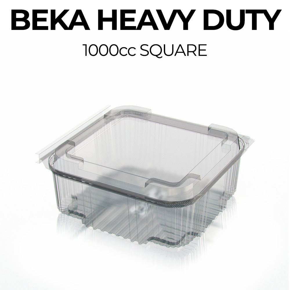 Clear plastic container labeled 'Beka Heavy Duty 1000cc Square' on a white background
