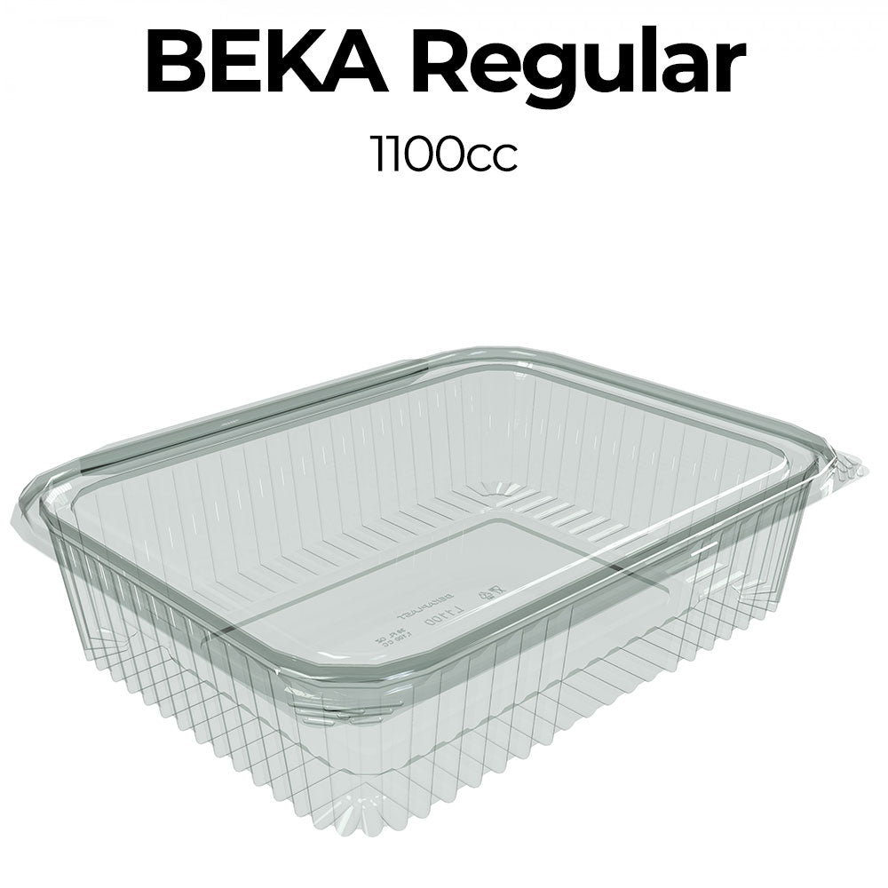 Clear plastic food container with lid labeled 'Beka Regular 1100cc' on a white background