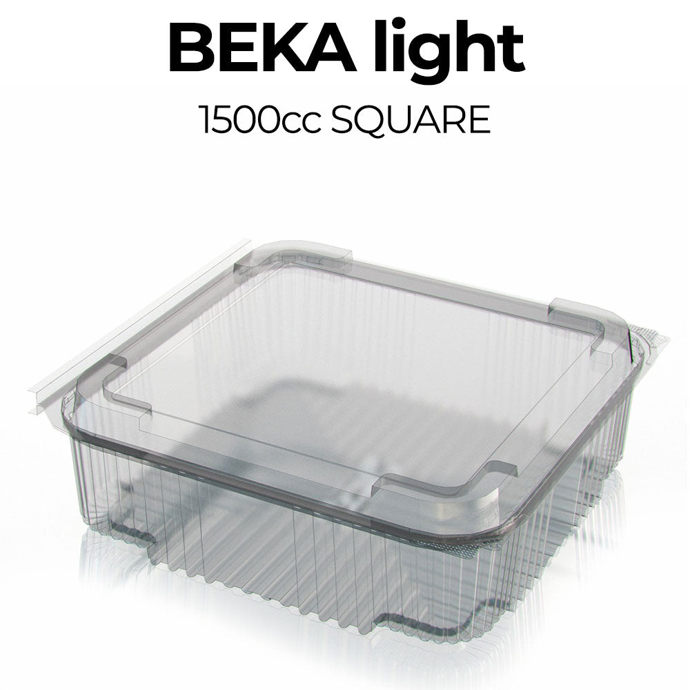 Clear plastic container with lid labeled 'Beka light' on a white background