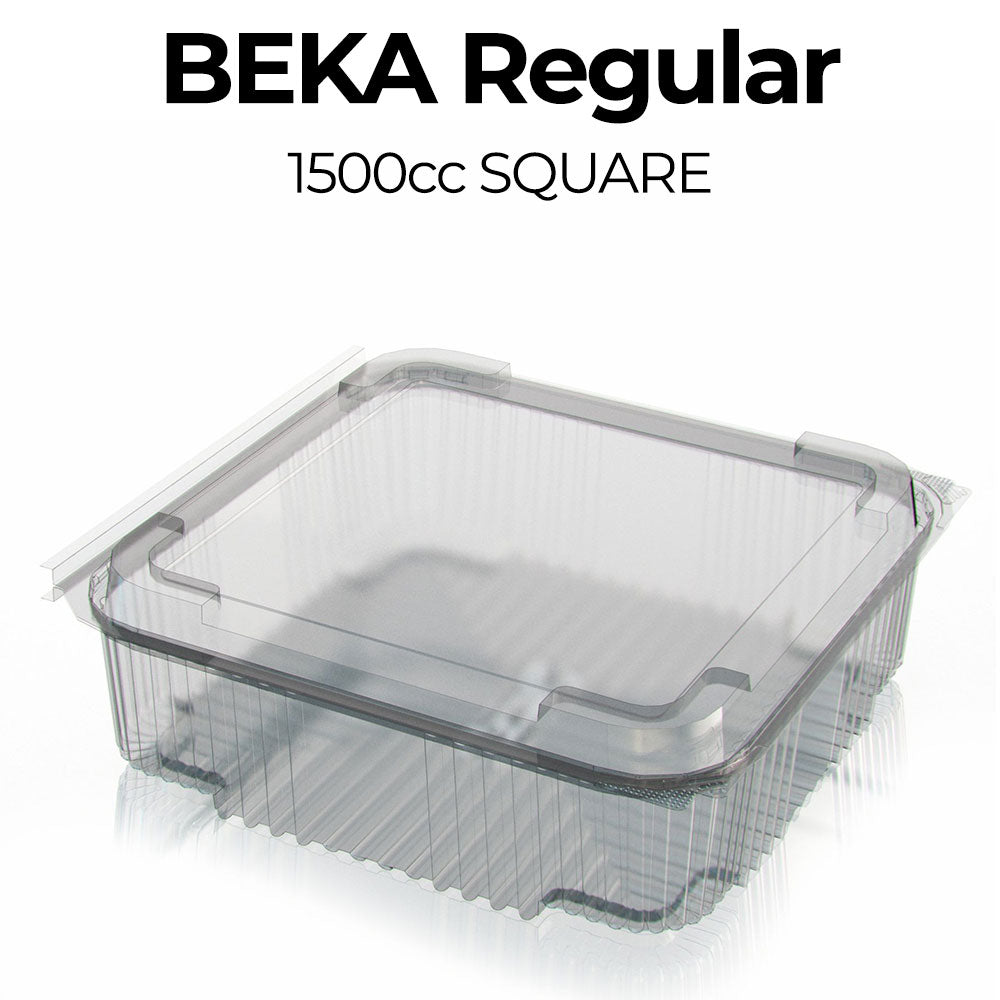 Clear plastic container with lid labeled 'Beka Regular 1500cc Square' on a white background