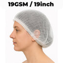 Person wearing a white hairnet with text indicating '19GSM / 19inch' on a white background