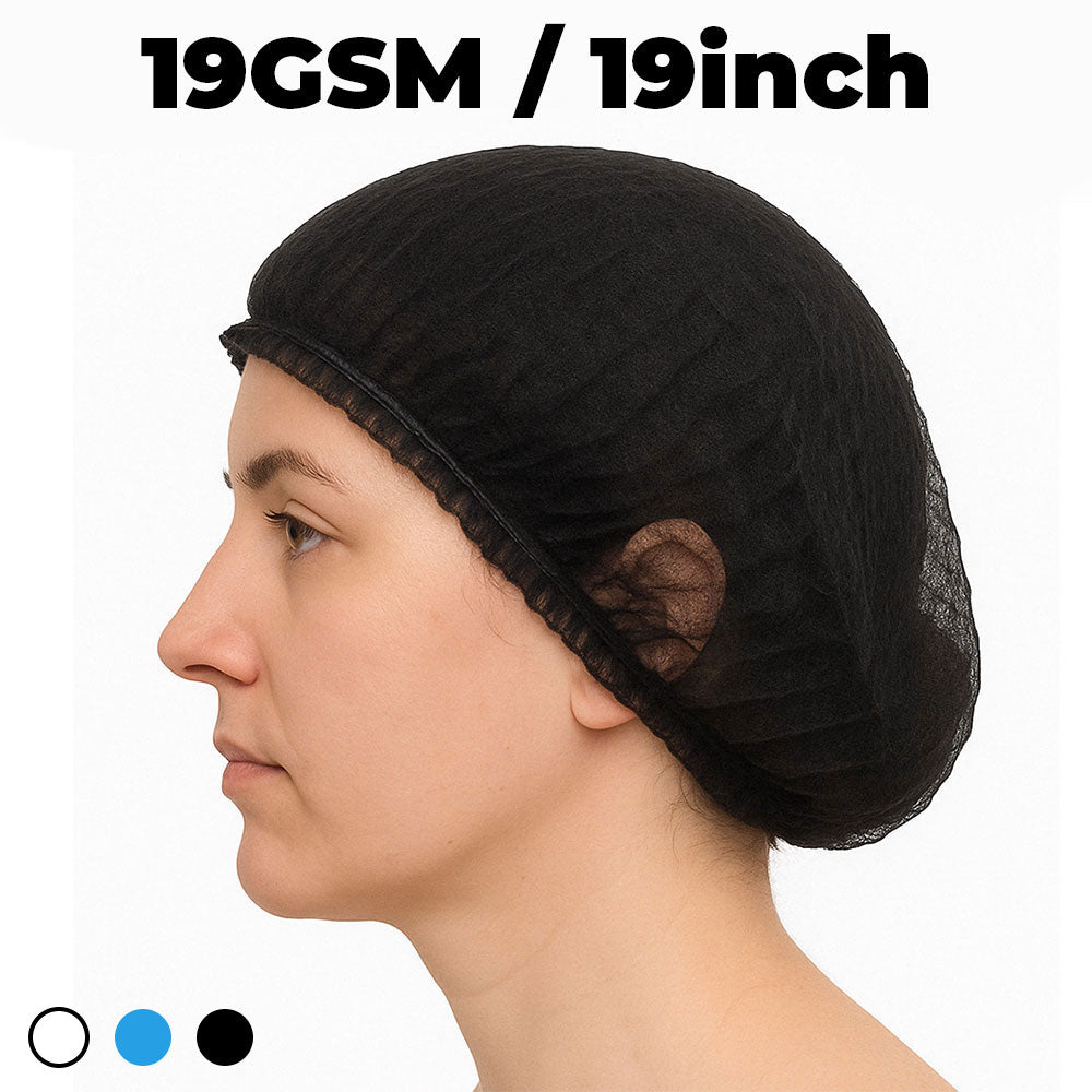 Black hair net worn by a person on a white background with text '19GSM / 19inch'.