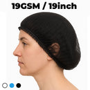 Black hair net worn by a person on a white background with text '19GSM / 19inch'.