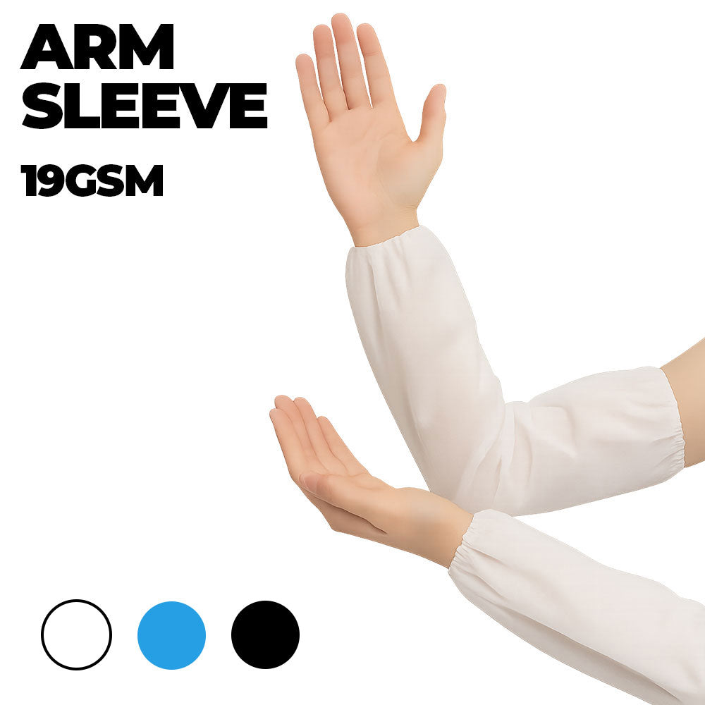 White arm sleeve with text 'ARM SLEEVE 19GSM' on a white background