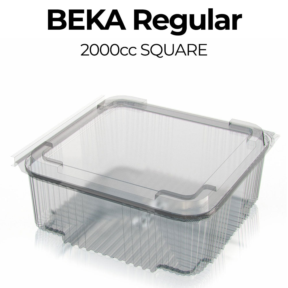 Clear plastic container with 'Beka Regular' text on a white background