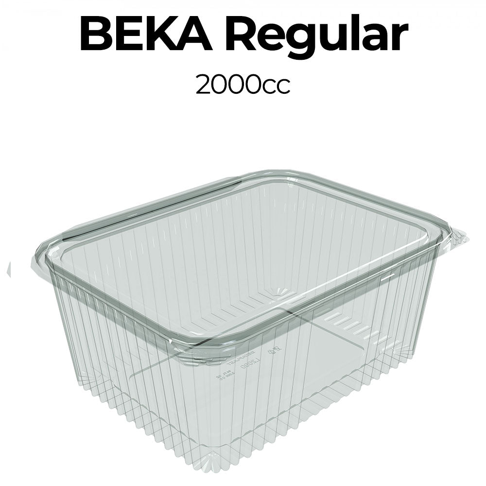 Clear plastic container with lid labeled 'Beka Regular 2000cc' on a white background