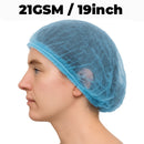 Person wearing a blue hairnet with '21GSM / 19inch' text on a white background