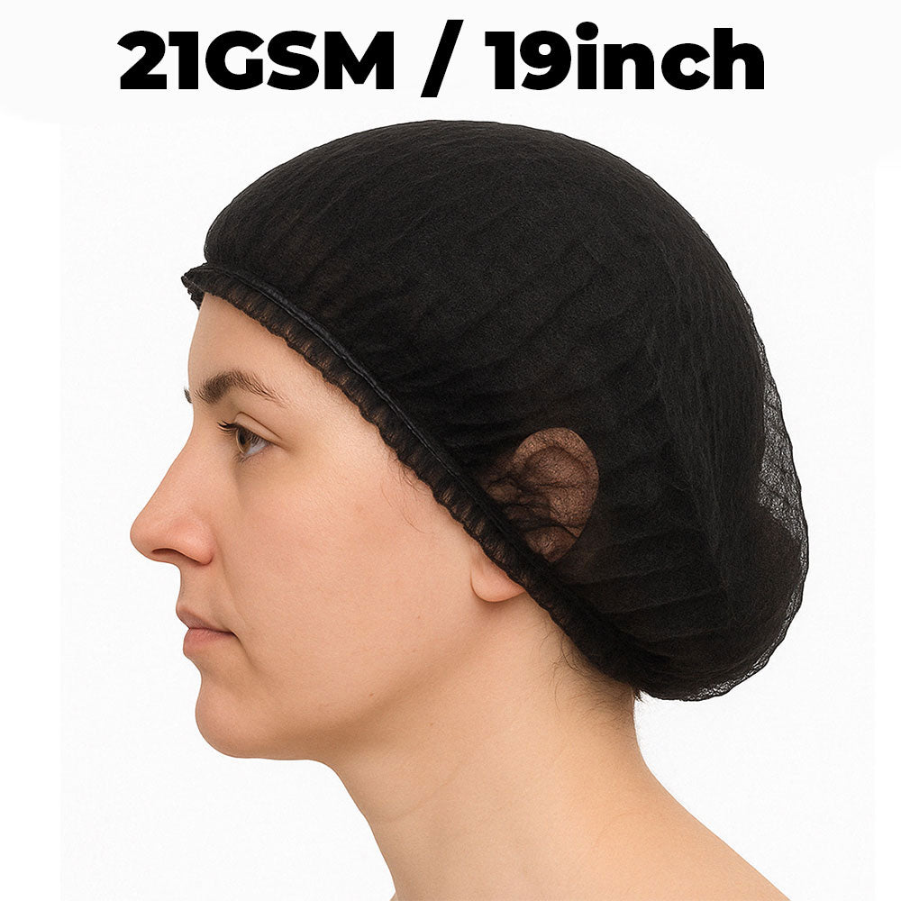 Black hair net worn by a person on a white background with text '21GSM / 19inch'.