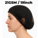 Black hair net worn by a person on a white background with text '21GSM / 19inch'.