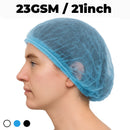 Person wearing a blue hairnet with text indicating size and GSM on a white background