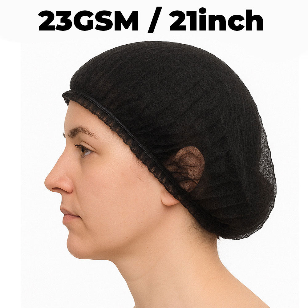 Black hair net worn by a person on a white background with text '23GSM / 21inch'.