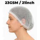 Person wearing a white hairnet with text indicating 23GSM and 21inch measurements.