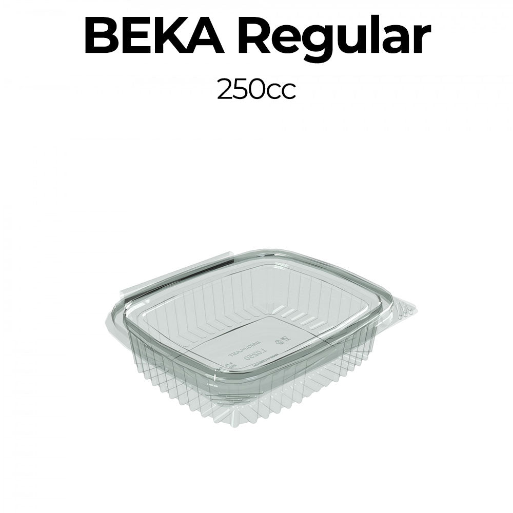 Clear plastic container with lid labeled 'Beka Regular 250cc' on a white background