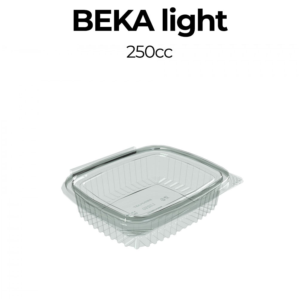 Clear plastic container with lid labeled 'Beka light' and '250cc' on a white background