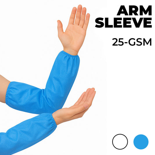 Blue arm sleeves on a person's arms with 'ARM SLEEVES' and '25-GSM' text on a white background.