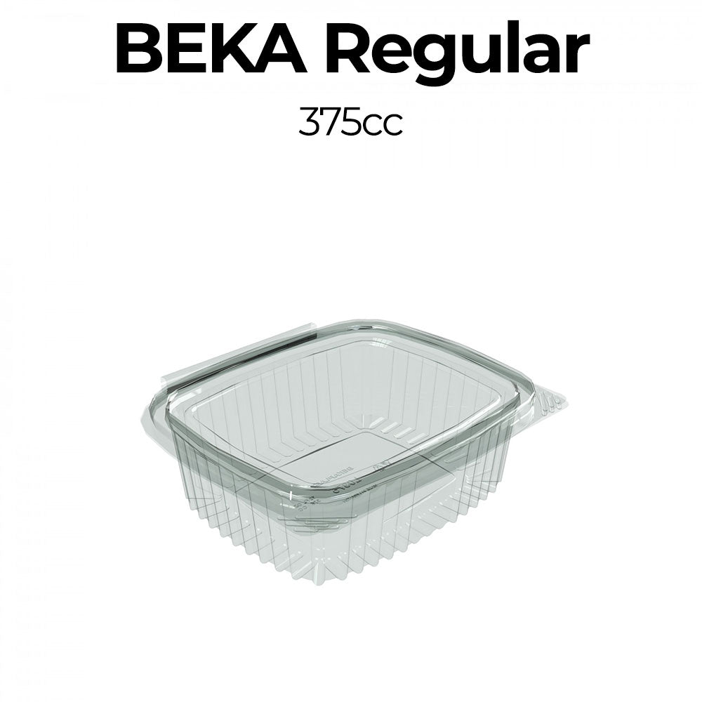 Clear plastic container with lid labeled 'Beka Regular 375cc' on a white background