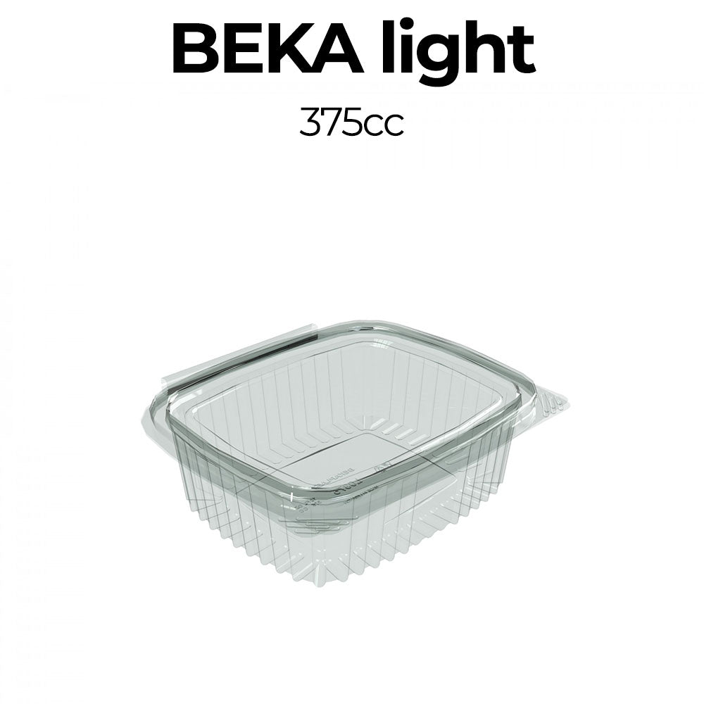 Clear plastic container with lid labeled 'Beka light' on a white background