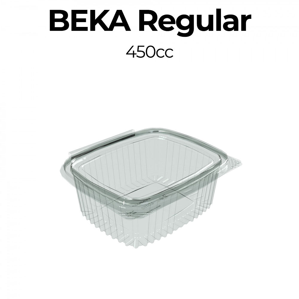 Clear plastic container with lid labeled 'Beka Regular 450cc' on a white background