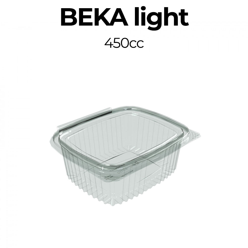 Clear plastic container with lid labeled 'Beka light' and '450cc' on a white background