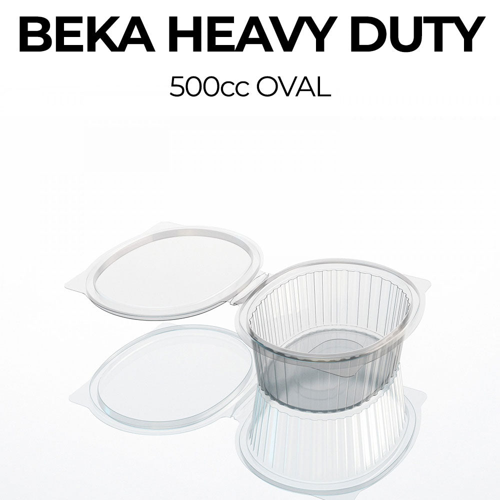 Beka heavy-duty 500cc oval container with lids on a white background